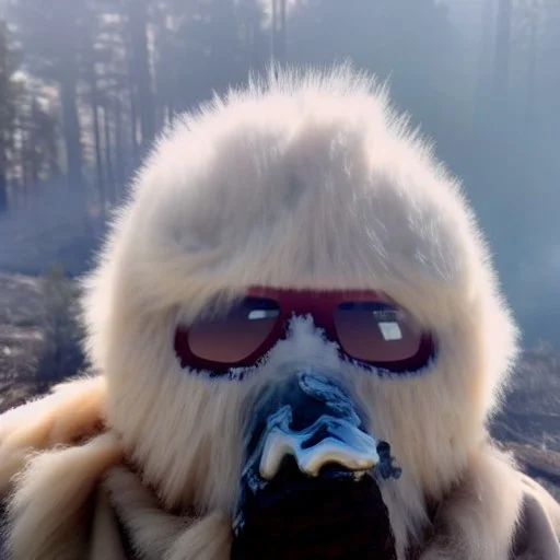 subject = (Yeti in a mask) background = (wildfires, mountains, fires, smoke, disaster)