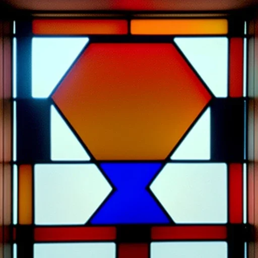 Hyper realistic piet mondrian stained glass window with lead, 4k, sunny day outside