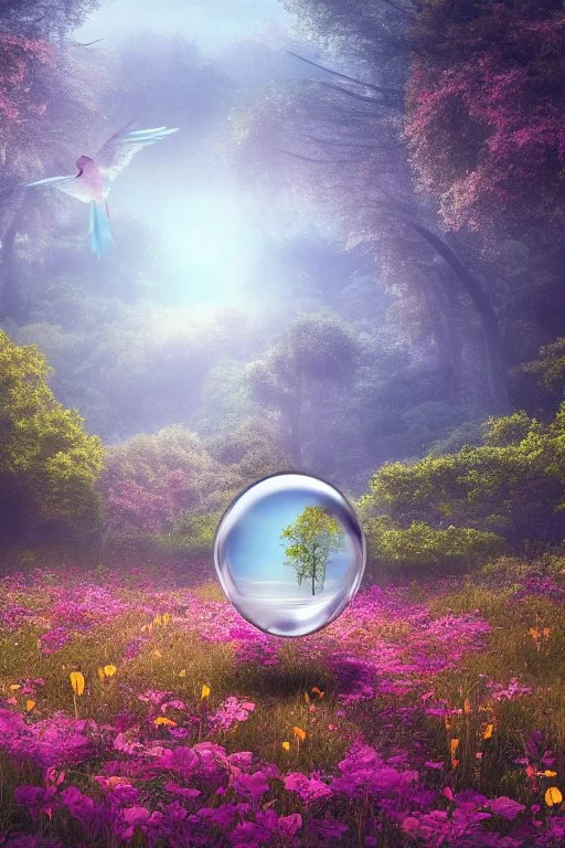 A translucent glasslobe floating in the middle, with photo-realistic forest, field, sea, flowers, birds and animals in the background Nikon D850 highly detailed digital painting sharp focus elegant 4k very attractive dynamic lighting award winning fantastic view 4K 3D crisp quality Unreal Engine