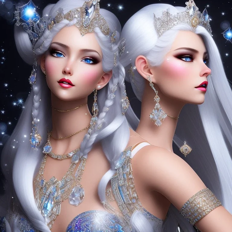 Ice Princess with white hair, a crown with precious stones, bright background