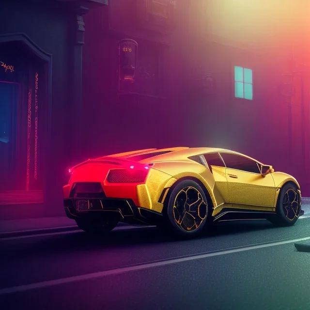 gold lamborgini at the night city, neon,color smoothing, beautiful color, RTX, TXXA, SSAO, High quality,hyperrealistic, cinematic, Super detailed, Anti-Aliasing,Full color, HDR,4k