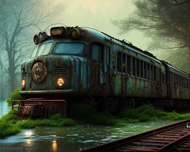 warrior stand in front, an abandoned train on tracks overgrown by nature with large puddles of water flooding part of tracks, 8k resolution, high-quality, fine-detail, intricate, digital art, detailed matte, volumetric lighting, illustration, 3D octane render, brian froud, howard lyon, selina french, anna dittmann, annie stokes, lisa parker, greg rutowski