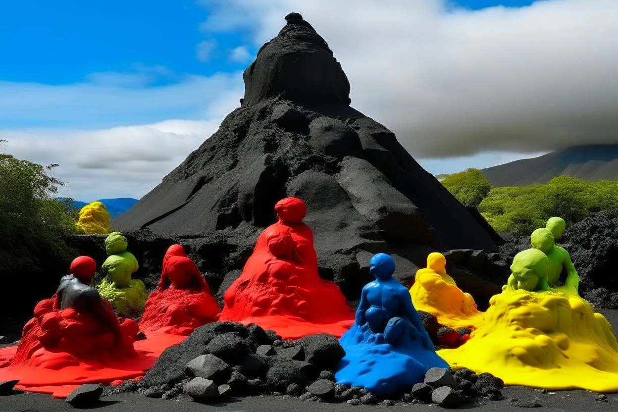 A volcano near a lava like filled with angry faced statues painted by Piet Mondrian