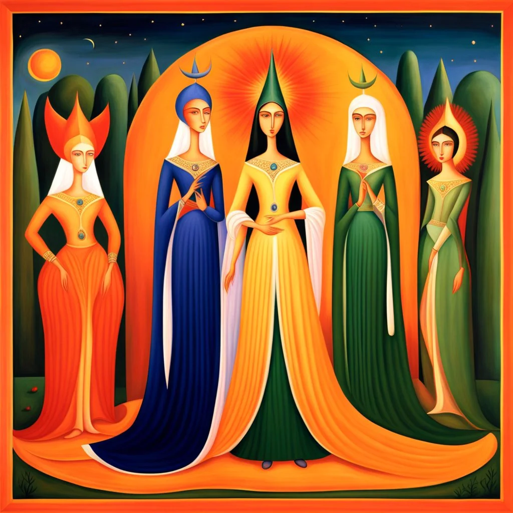 full_body:: young odalisques in magnificent robes:: in a Persian palace at sunset:: by artist "Leonora Carrington",by artist "Tarsila do Amaral":: Cinematic lighting with shadows emphasizing the character's determination:: eye_level perspective::