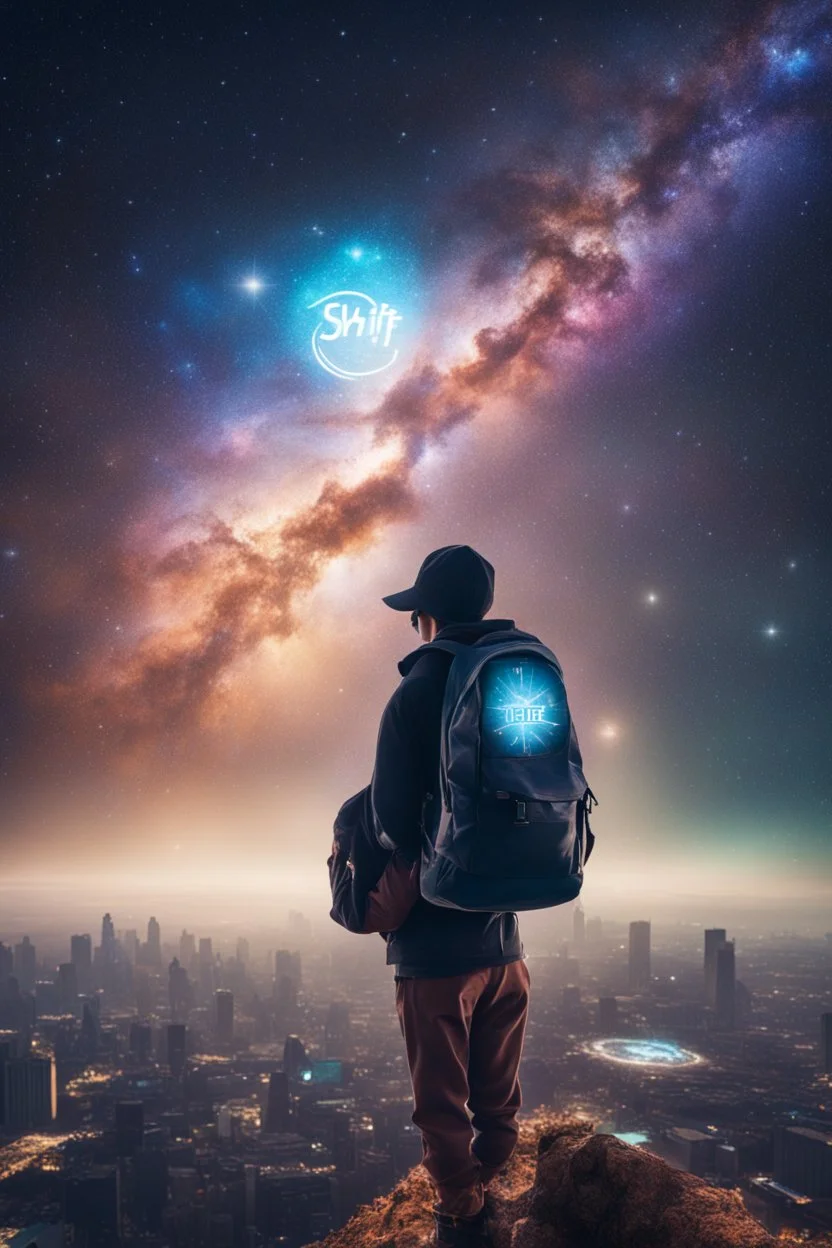 Supernova overlooking a city in the Milky Way galaxy with a person wearing a hat and a backpack with the Shift logo on it