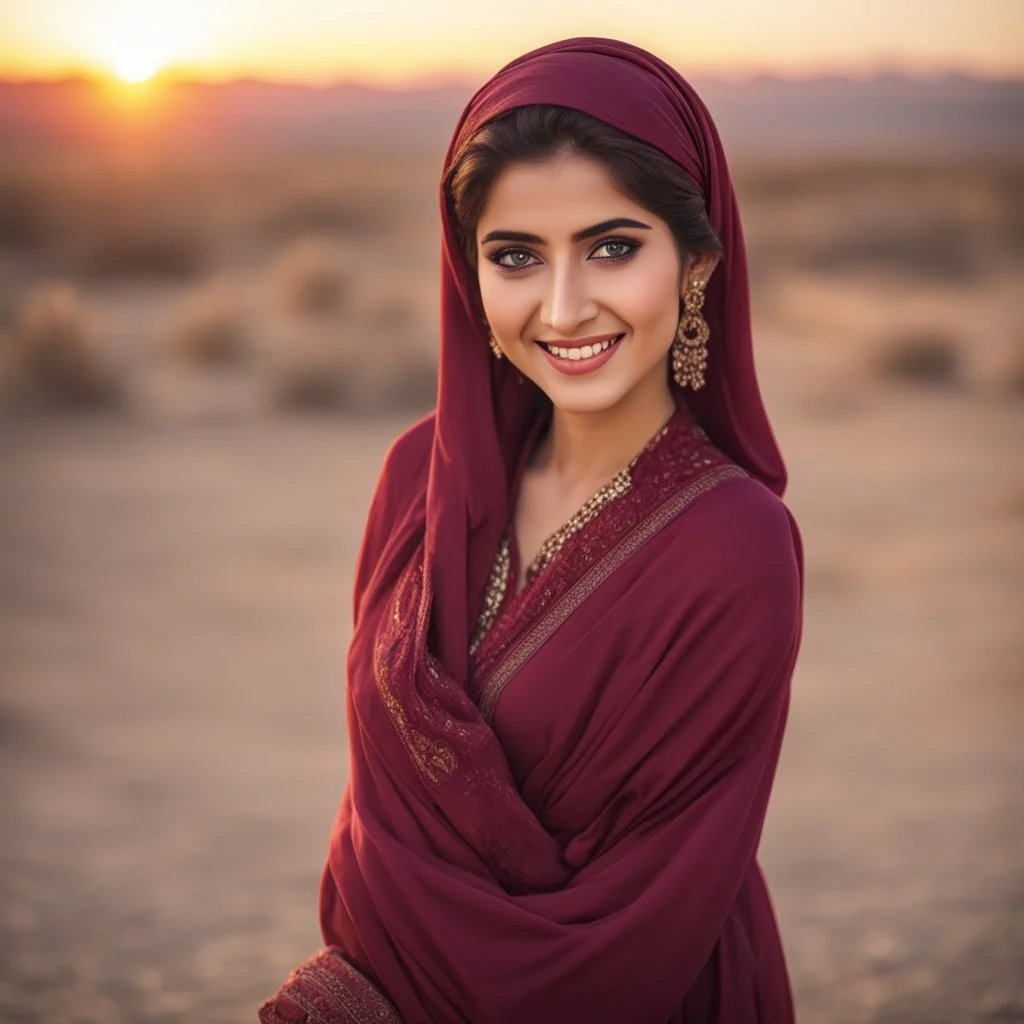 Pakistani Pukhtoon young-woman smiling & has beautiful eyes with simple maroon dress at sunset