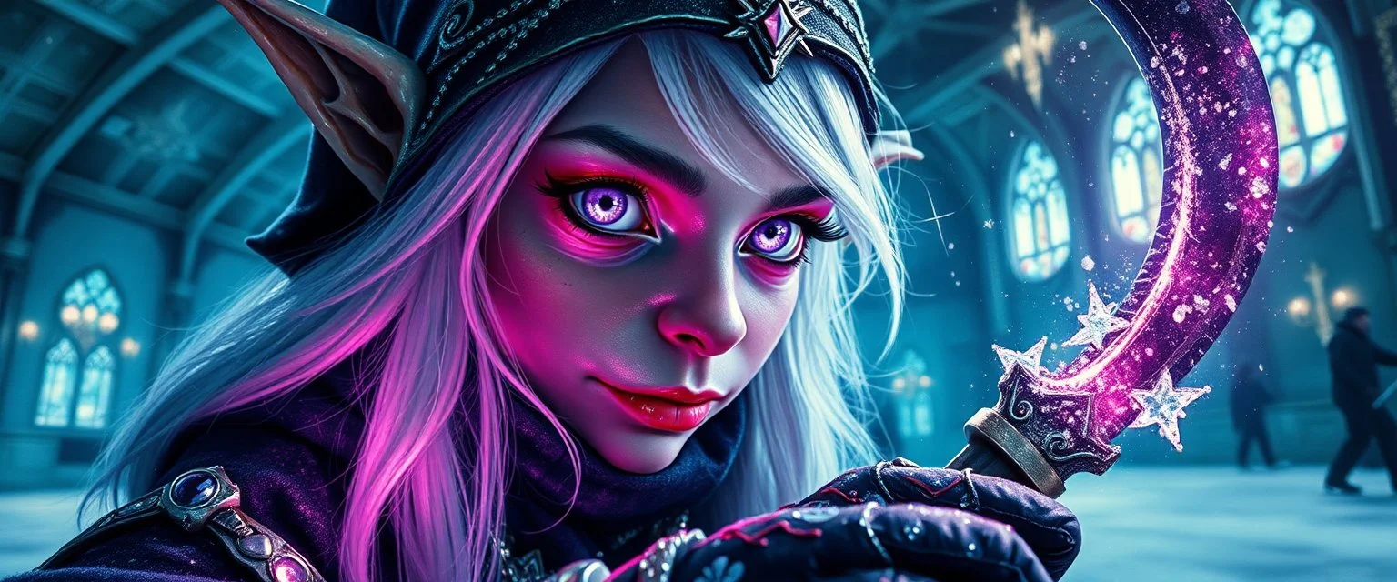 close up portrait of shiny ice priestess dark dwarf swifnerblin gremlin babe with lavender eyes and white silver hair, and with magical aura hockey staff, pin hole cam, master oil painting by Rembrandt, d&d glam rock and glitter vampire gremlin illithid and lich playing hockey in ice skating hall or church, in the style of giger and escher, sci fi with floating little saucers