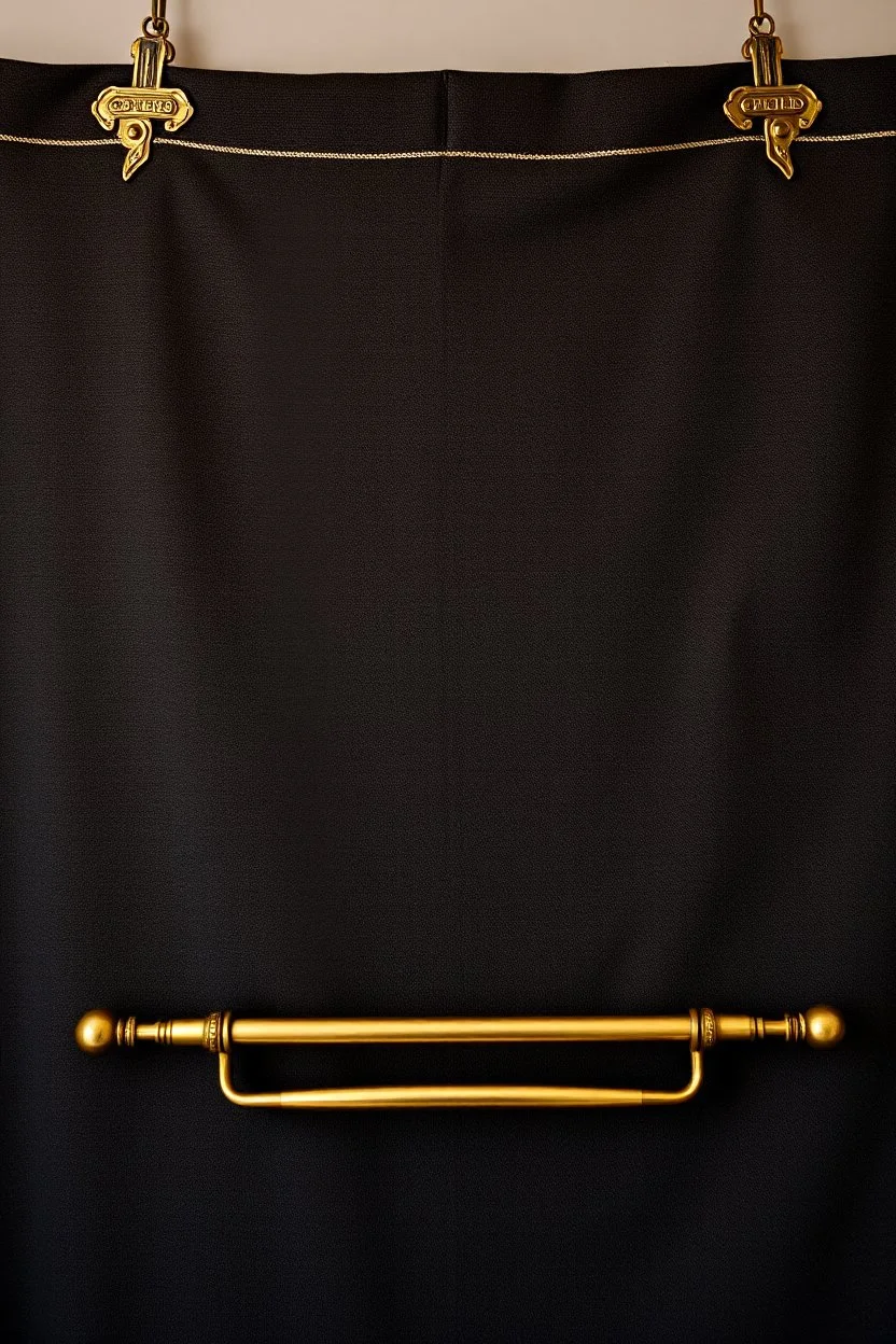 darker textured hanging fabric background with decorative brass corners at top, and a wide decorative brass bar clamped across the bottom