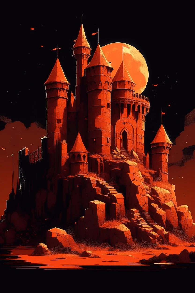 A dark orange colored castle made out of rocks in Retro Futurism art style