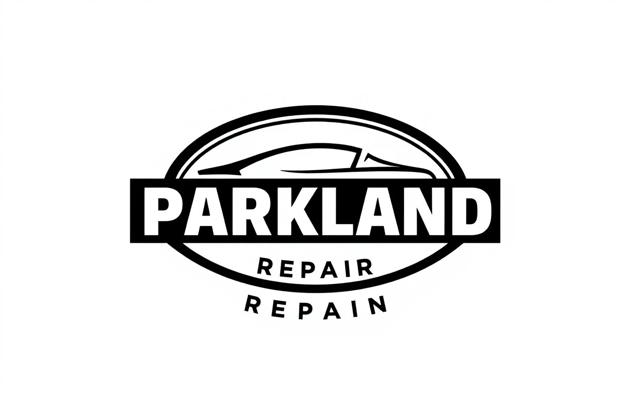 Simplified abstract logo representing Vehicle repairs tire changes and oil changes, includes text "PARKLAND" with a second line of text "REPAIR", black on white, vector