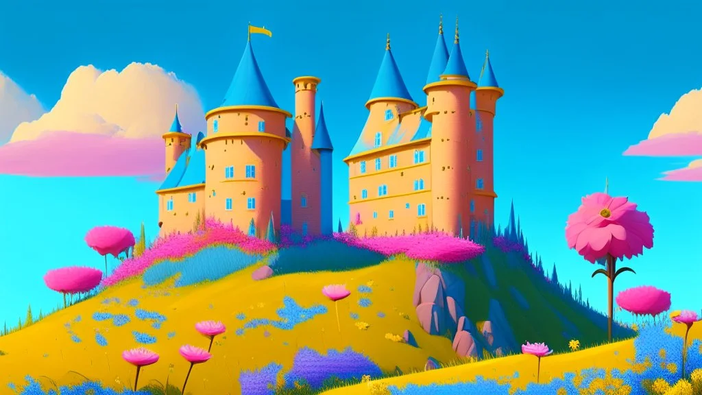 Castle on a hill, Pink walls, orange towers, yellow flowers on the ground, dark blue roof and aqua blue sky, very detailed and realistic