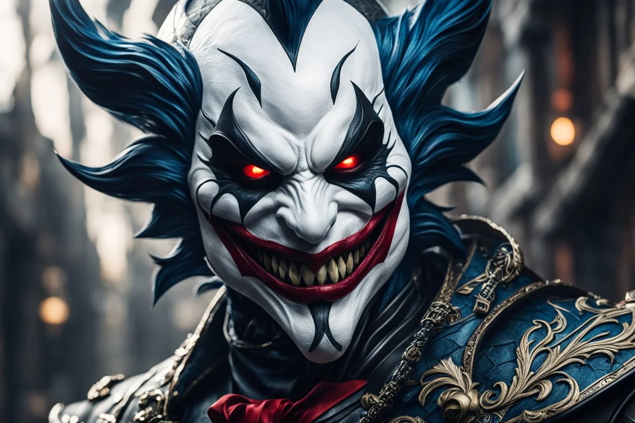 Shaco venom in 8k live action artstyle, white clown mask, close picture, intricate details, highly detailed, high details, detailed portrait, masterpiece,ultra detailed, ultra quality