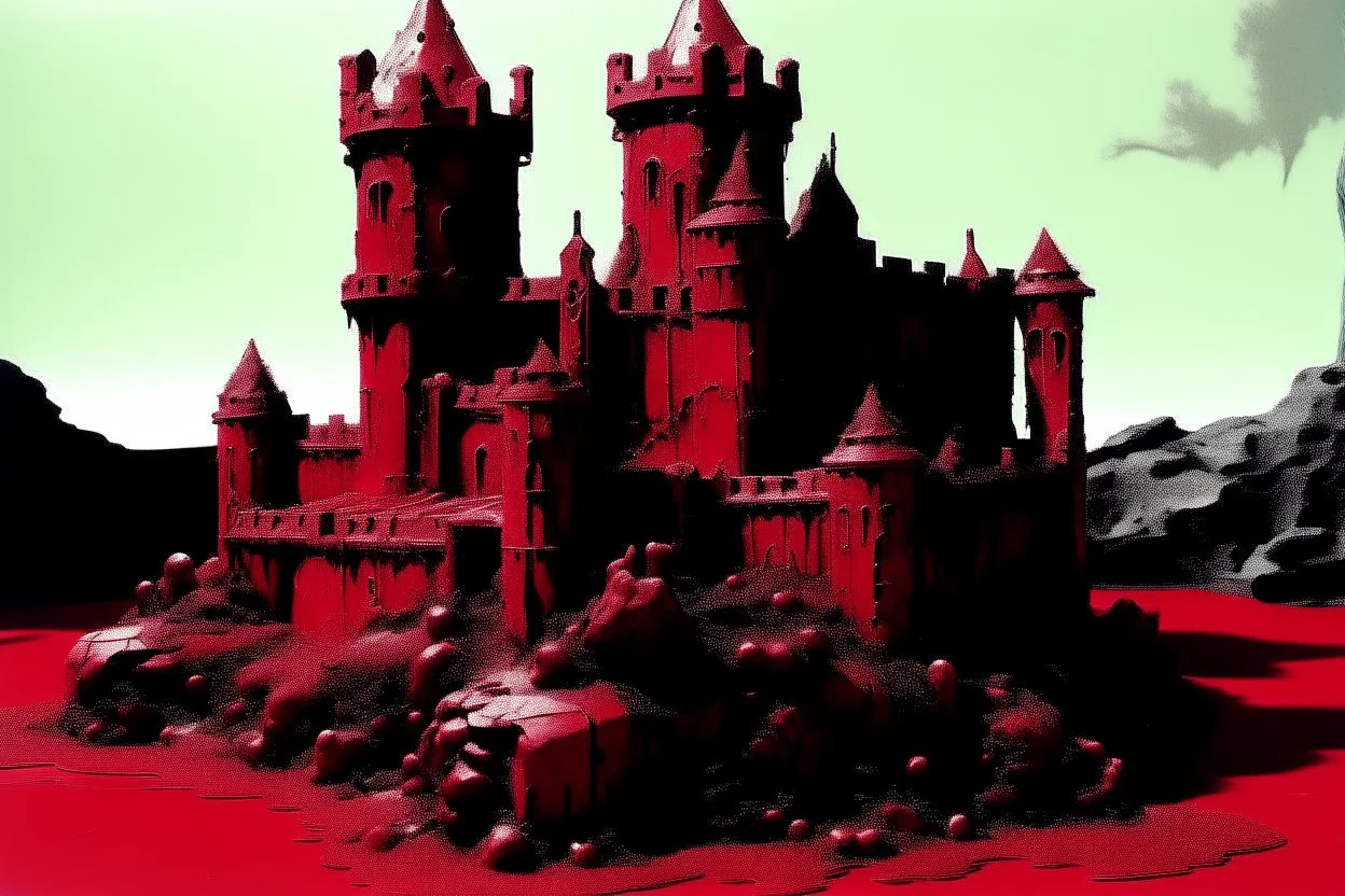 A dark red castle in a wasteland covered in mold designed in Ica stones painted by Andy Warhol