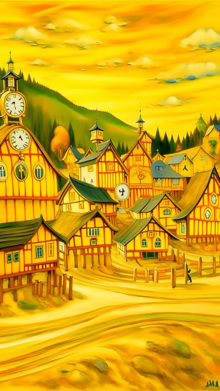 A golden yellow Japanese village with mystic clocks painted by Edvard Munch
