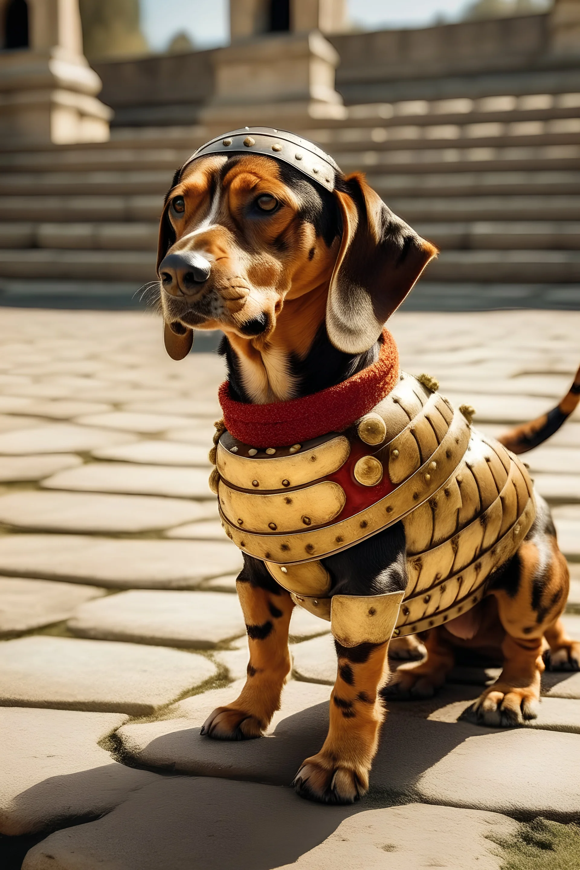 perro salchicha marrón con manchas en dos patas con musculos imitando un guerrero romano peleando en el coliseo romano