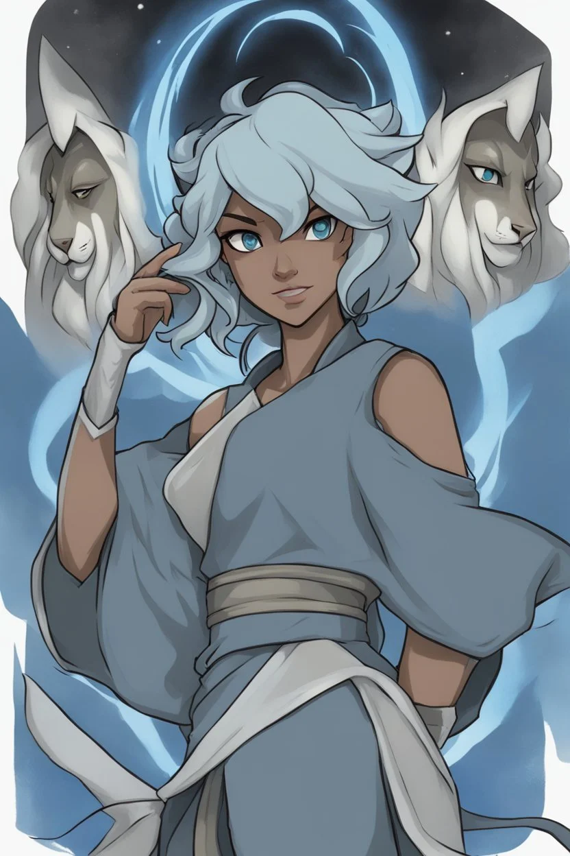 Drawing of Korra the Avatar as a female Moonelf twilight cleric with black, very curly, very short hair and blue eyes, wearing gray robes. Etheral, muscular.