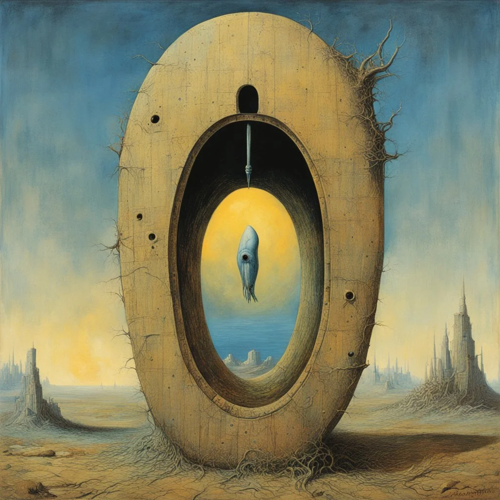 milky methadone looking through keyhole of injustice, surrealism, Max Ernst and Zdzislaw Beksinski deliver a surreal horror masterpiece, muted colors, sinister, creepy, sharp focus, surreal, weirdcore