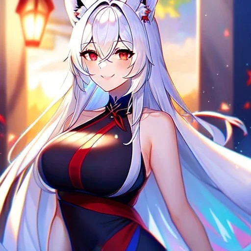 Clear focus, 8k, high quality, detailed, beautiful lighting, fox girl, vibrant colors, white long hair, vibrant red eyes, smile, glowing eyes