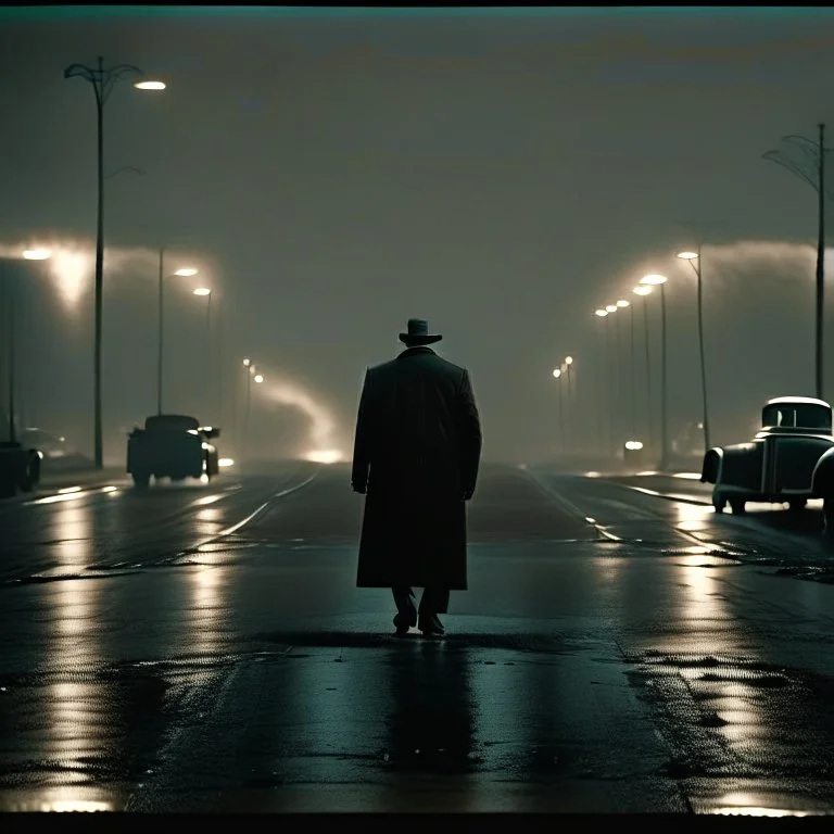 man standing in the middle of a road with cars, inspired by roger deakins, in roger deakins style, road to perdition stillframe, cinematography roger deakins, by roger deakins, roger deakins cinematography, 2 0 2 1 cinematic 4 k framegrab, zack snyder cinematography style, still from a music video, stunning moody cinematography