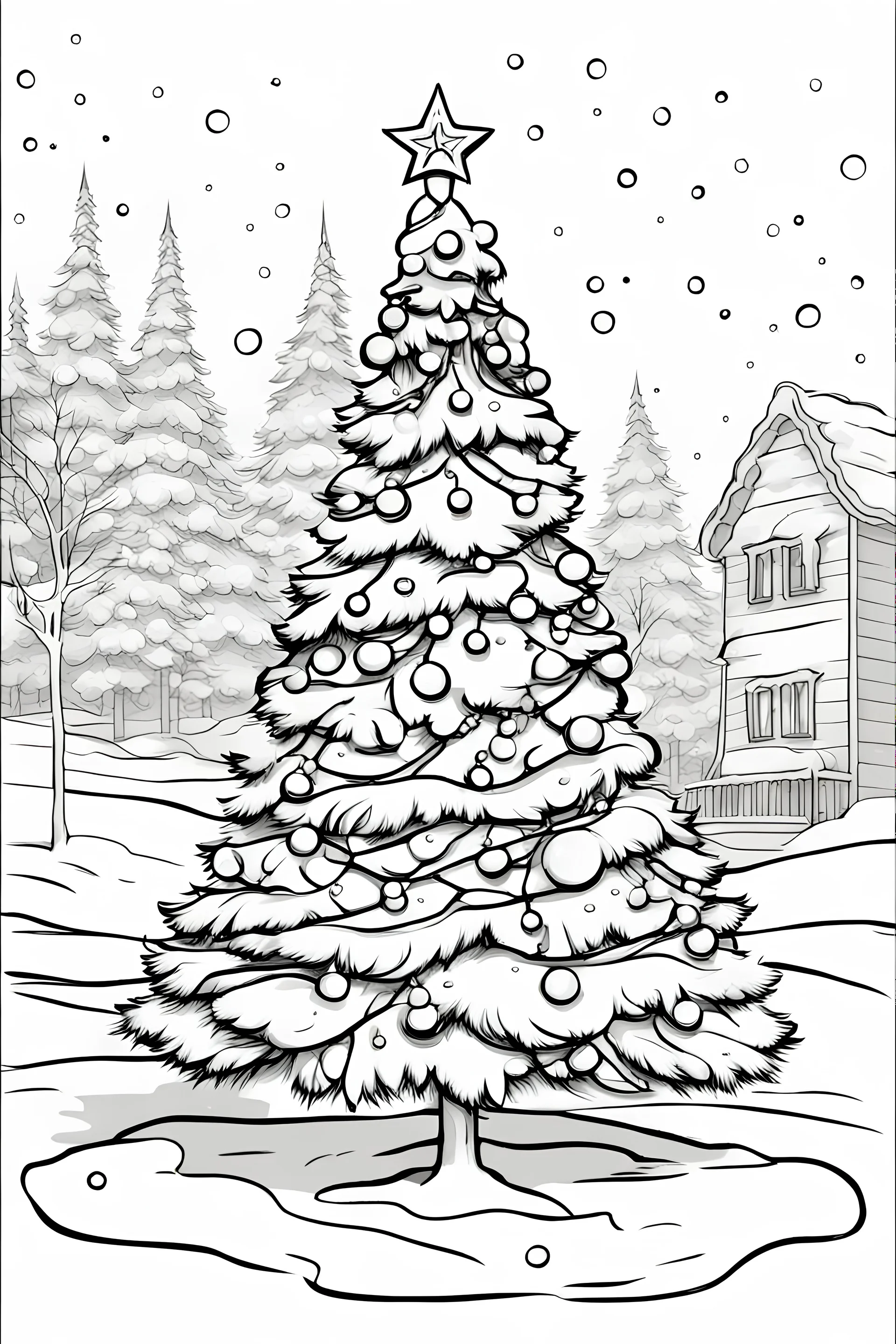 Outline art for color page of a decorated christmas tree i, in medium detail, white background, sketch style, full landscape, snow, only use outline, clear line art, white background, no shadows and clear well outlined. cartoon style