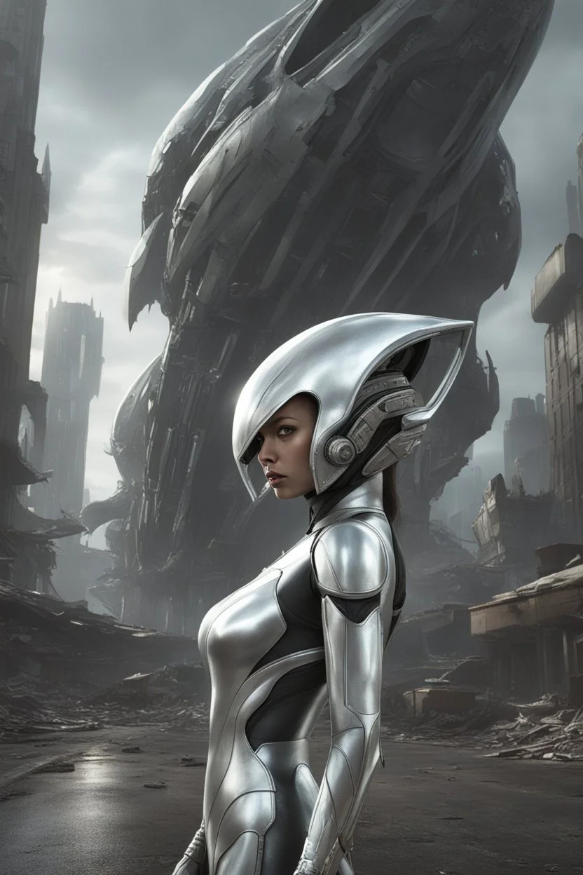 a photorealistic sleek, long, silver spaceship sitting in the street of a dystopian futuristic ruined alien city, with a woman in a silver suit, standing in front