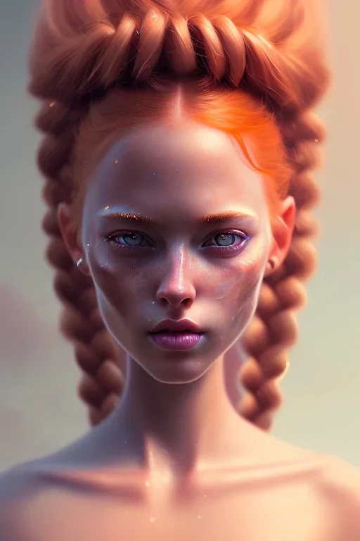 girl, cute, beautiful, orange hair, two braids, wild bangs, blue eyes, big eyes, freckles, long eyelashes, pink lipstick, thin lips, small nose, Gillian from Practical Magic, 8k resolution concept art portrait by Greg Rutkowski