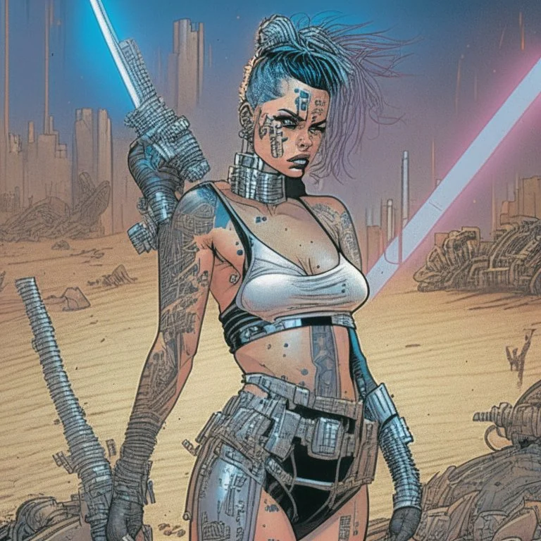 Una mujer cyberpunk con tatuajes fittnes en armadura plateada futurista en un estilo de comic de 1980 en un wasteland en montevideo con una sable de luz tipo star wars. En el