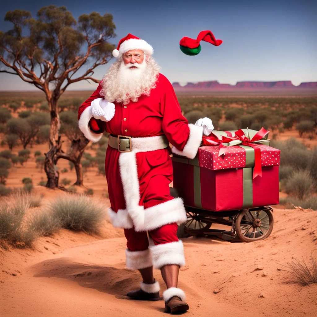 Santa Claus delivering presents in the Australian Outback