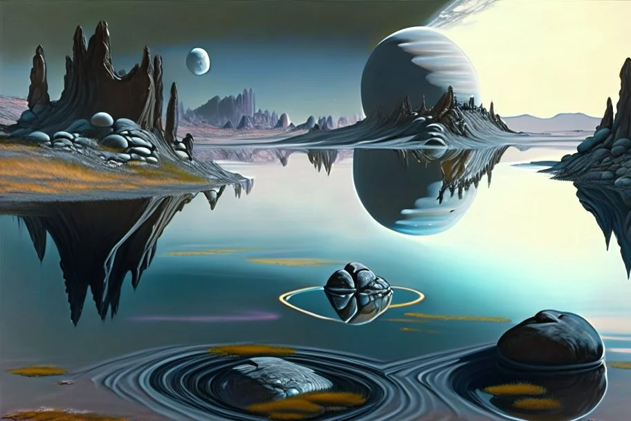 Alien landscape with one grey exoplanet in the horizon, pond, water reflection, rocky landscape, sci-fi, tendency to impressionism, realistic painting