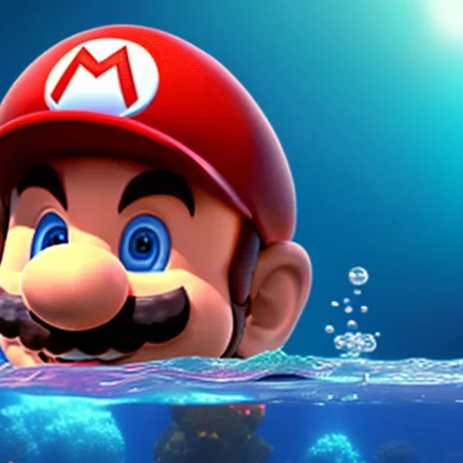 Super Mario underwater with red hat for hair, closed eyes, rtx, reflection, 8k, glow, winning photography, caustics