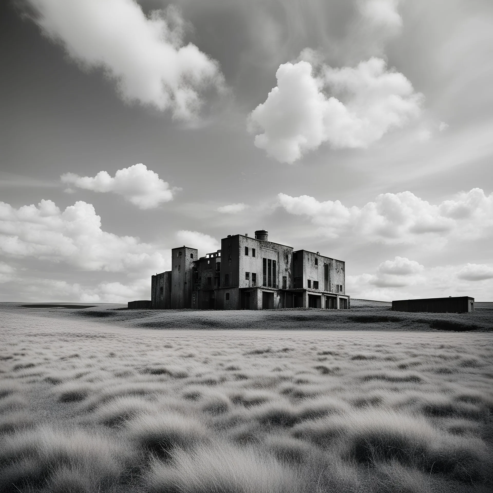 landscape ,minimal ,Photo with an old analog camera. Black and white. Part of a strange dream. white clouds wide plain The big building between them. like pink floyd landscape ,Abandoned factory ,from a weird dream captured with the first model of dreamrecorder by gnom industries inc