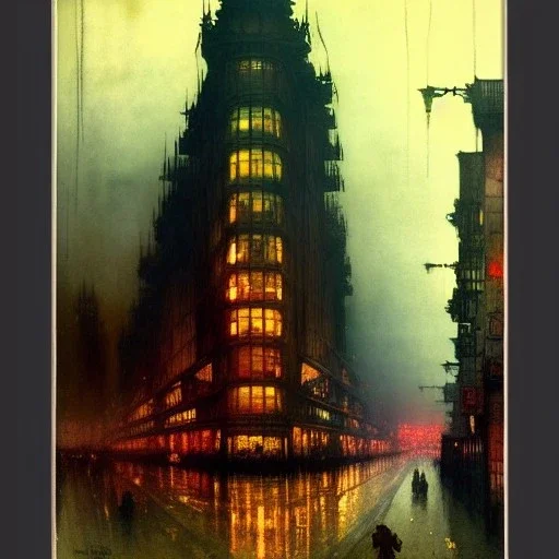 Corner building Metropolis ,dark colours, watercolor, volumetric , by john atkinson Grimshaw, detailed painting,matte painting, alphonse mucha, greg rutkowski,