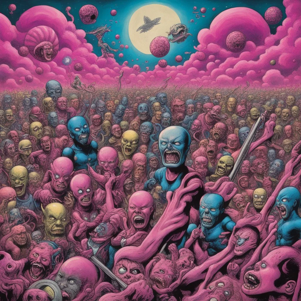 wave after wave of demented avengers march cheerfully out of obscurity into the dream, terminal shock || Horror Pink Floyd tribute, surreal, dramatic, depth of field, by Basil Wolverton and Kenny Scharf and Squeak Carnwath, violent colors, sharp focus, glorious grotesque landscape