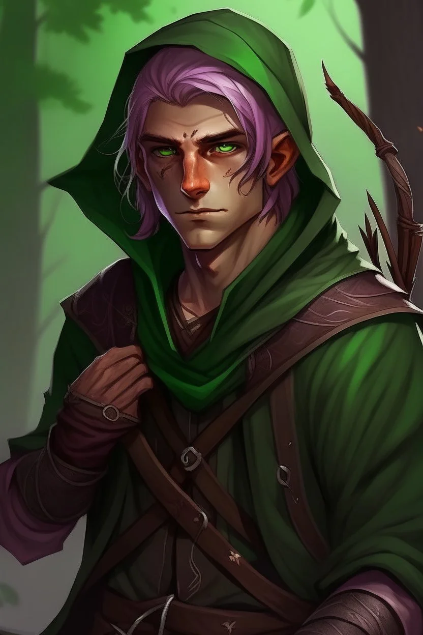 Male wood elf, rogue assassin, light brown skin, bright green eyes, mauve hair, hooded, sneaky, trees, stoner, long bow, black leather straps, disheveled