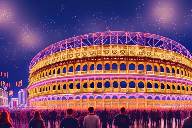 oktoberfest in roman colosseum, hyper detailed, digital part,riesenrad, centered, detailed, 8k, shining, heaven, many happy people, dampf, cyberpunk art, neon lights, neon signs, night, stars, stadion lichter