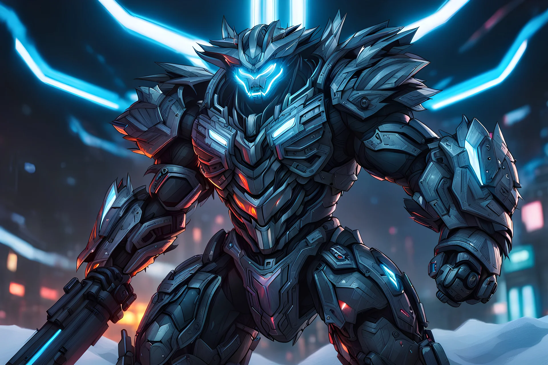 Cyber Machine volibear in 8k anime realistic drawing style, symbiote them, thunder, neon effect, close picture, snow, apocalypse, intricate details, highly detailed, high details, detailed portrait, masterpiece,ultra detailed, ultra quality