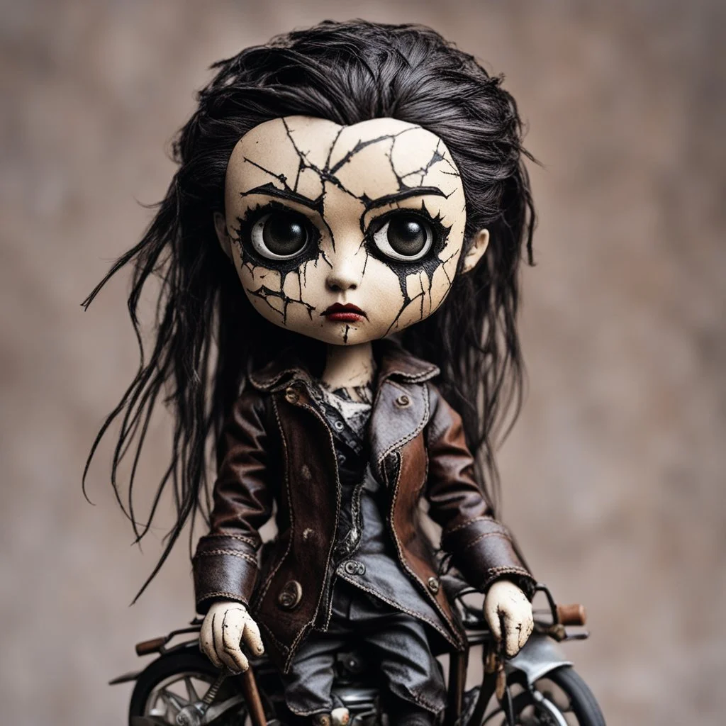 full color, illustration of a dark menacing leather clad motorcycle girl, tall and willowy , as a decayed, broken, crude homemade cloth doll toy, with a cracked porcelain face, thick dark eyebrows, hair made from ragged strips of cloth, in the style of Nadya Sheremet