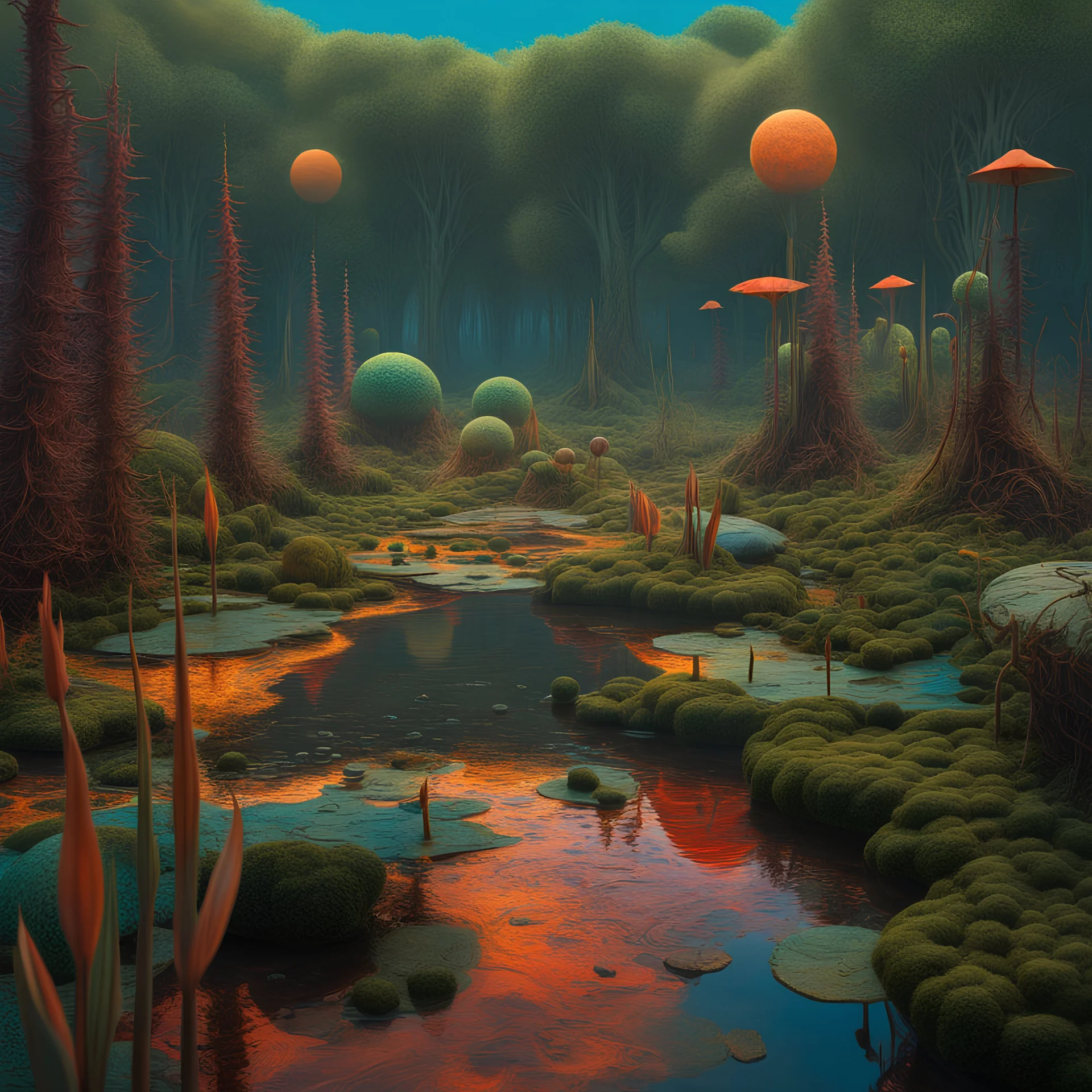 Odd swamp landscape with odd beings surreal abstract Max Ernst style, 120mm photography, sharp focus, 8k, 3d, very detailed, volumetric light, grim, fine art, very colorful, ornate, F/2.8, insanely detailed and intricate, hypermaximalist