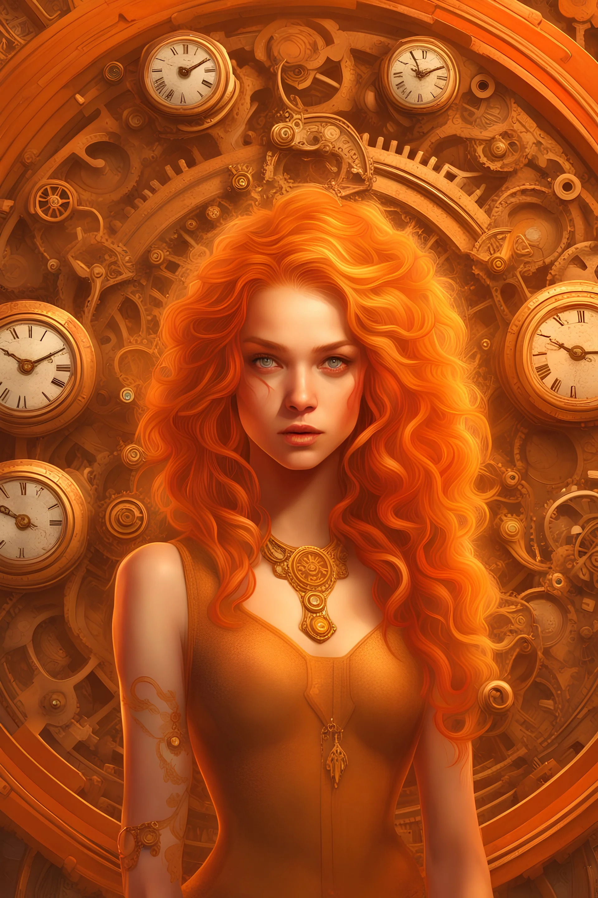 Beautiful time goddess surrounded by clocks and intricate gears, vivid orange wet hair, highly detailed face looks like Meika Woollard , detailed eyes, 8k resolution concept art Hyperdetailed, digital painting, Magali Villeneuve , Ismail Inceoglu, wlop , Android Jones and Julie Dillon, centered, symmetrical, soviet art