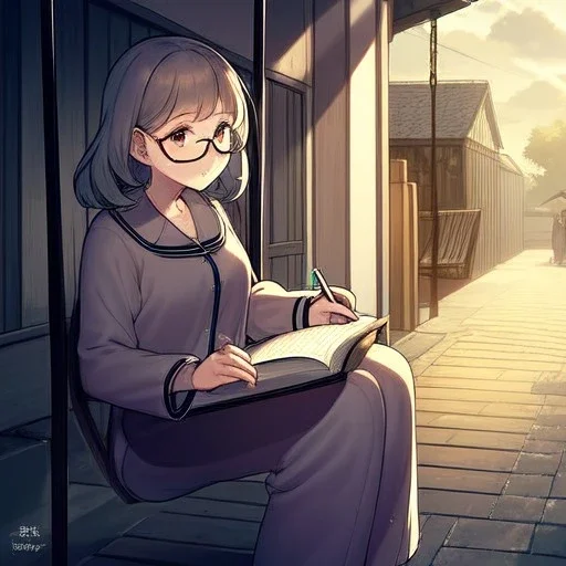 anime girl writing with a pencil in a book sitting on a porch swing of a very old house in the rain, wearing pajamas,wearing glasses
