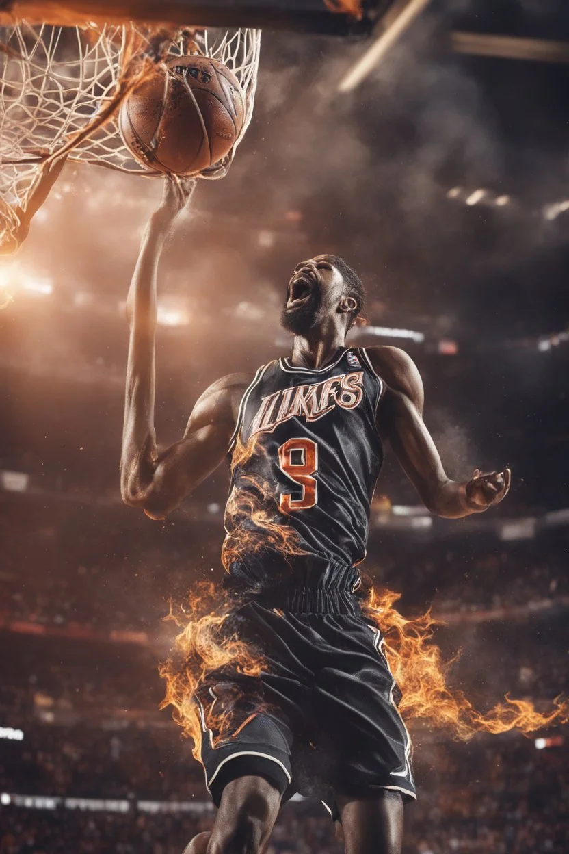 8k, highly realistic and detailed image of a NBA basketball player in action dunking the ball in the net, sweaty hair, screaming look,action and smoke and flames background