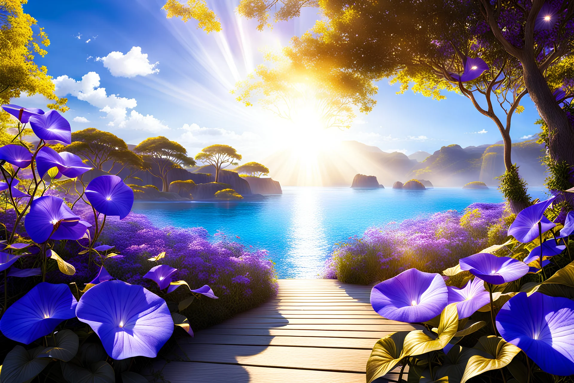blue, gold light effects colors, a magic garden with morning glory, clear sunny light, highly detailed, luminous rays of the sun, seaside, morning glory flowers, jacaranda trees, high contrast, 8k, high definition, realistic, concept art, sharp focus