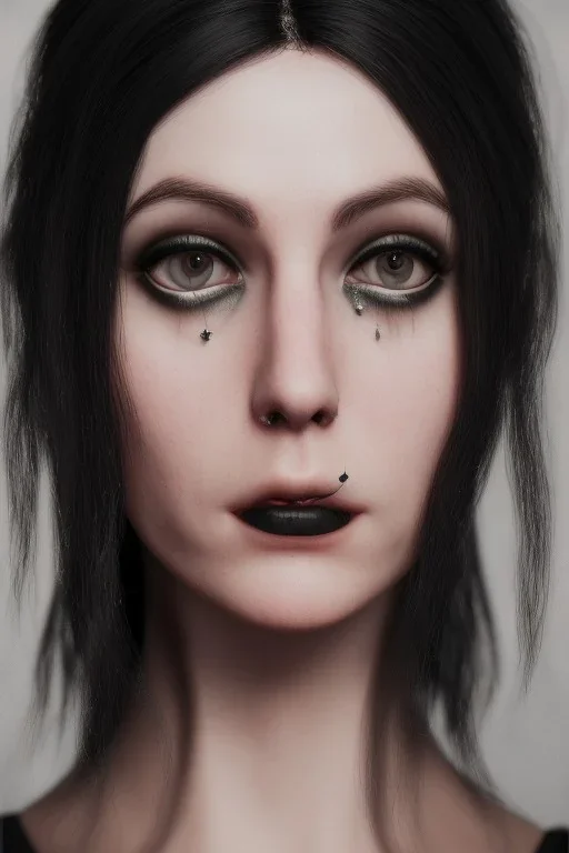 Portrait emo bride with piercings in skin-tight black dress, full body shot, full-color long shot