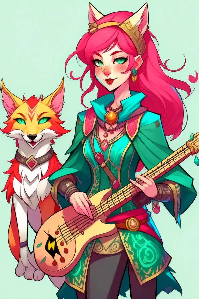 Teenaged Female kitsune paladin/bard with red, teal, and pink hair