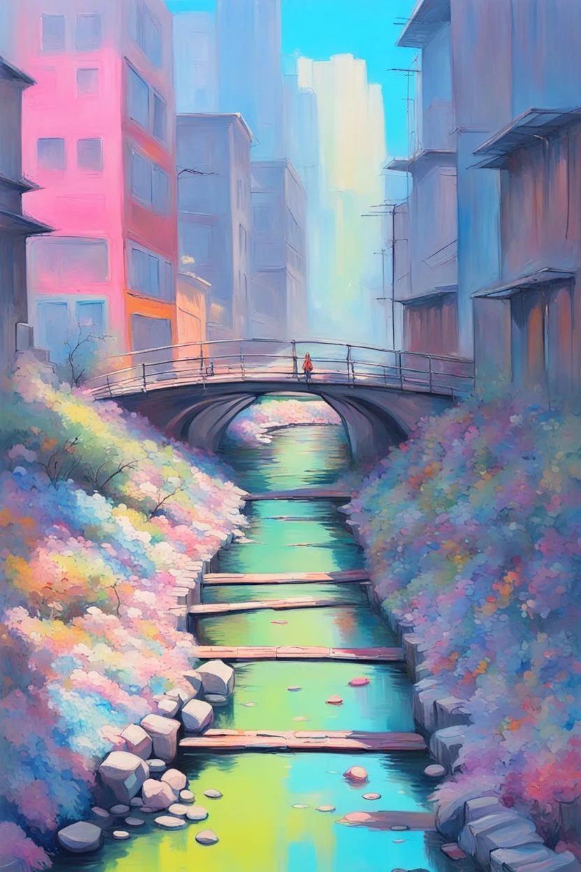 painting of a cyberpunk colourful natural walkway rubbish on the street in the city with pollution and a small bridge by a creek with electric sheep and androids by monet