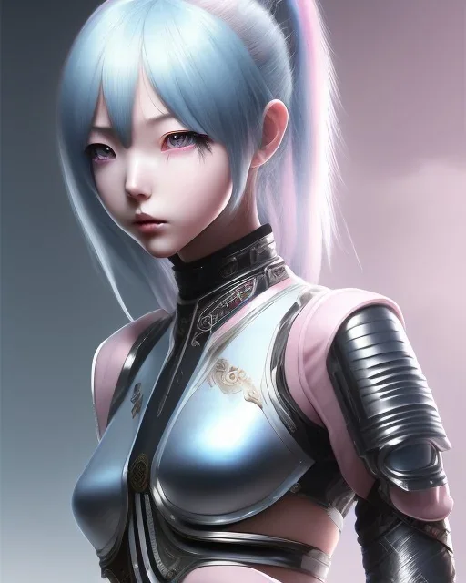 Detailed cute anime Kunoichi girl, blue hair buns, pink bangs, black latex bodysuit, intricate details, full body portrait, keep head in frame, slight smile, black Japanese motif, concept art, highly detailed, digital painting, concept art, sharp focus, illustration, art by Yoji Shinkawa, WLOP and greg rutkowski and alphonse mucha and artgerm and yanjun Chen and Junji ito and Makoto Shinkai, HDR, octane render