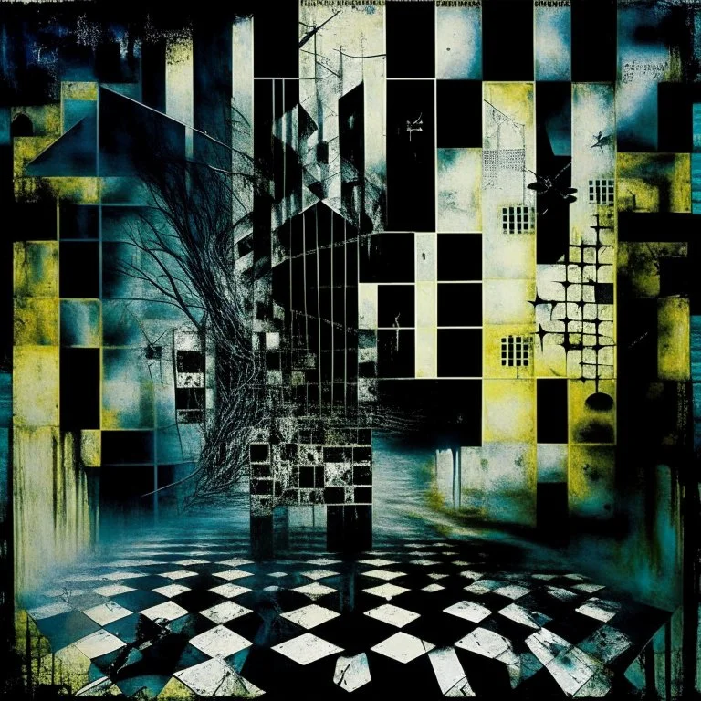 Abandoned by the world when reality fails, double exposure visions, horror surreal art, by H.R. Giger and Colin McCahon and Dave McKean and Ray Johnson, mind-bending acrylics; violent colors, diagonal composition, album art, asymmetric, fragmented, Morse code dot and dash vertical textures, dark shines checkerboard, complex contrast, minimalism