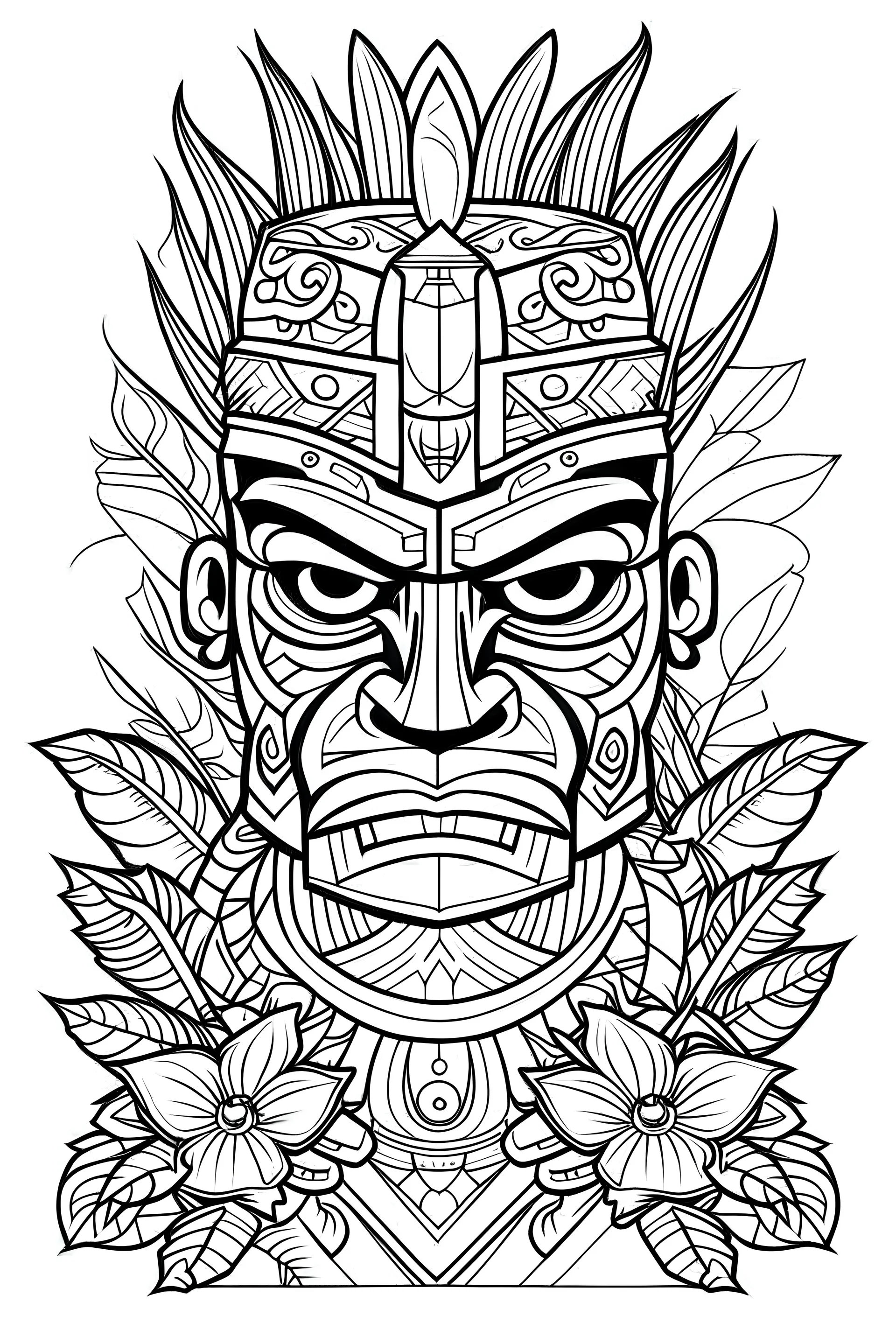 outline art for square hawaii tiki totem coloring page for kids, classic manga style, anime style, realistic modern cartoon style, white background, sketch style, only use outline, clean line art, no shadows, clear and well outlined