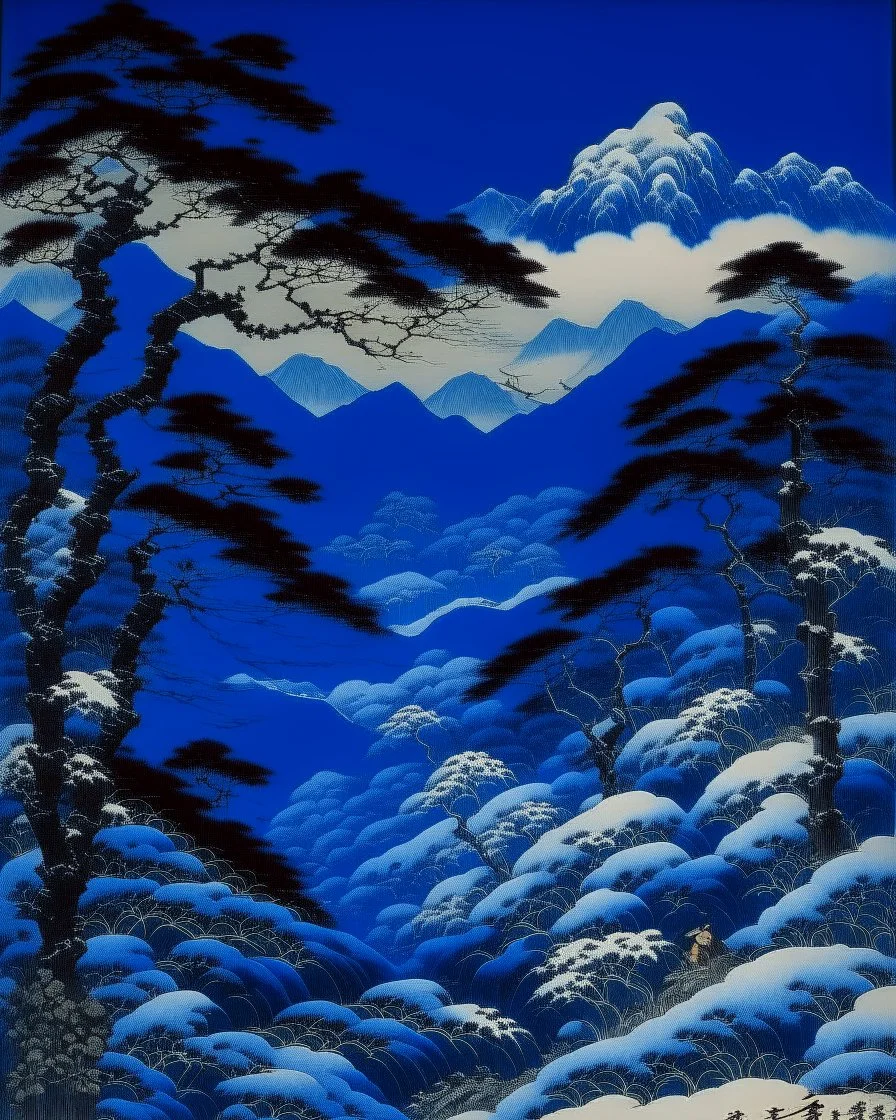 A dark cobalt blue jungle on a snowy mountain painted by Utagawa Hiroshige