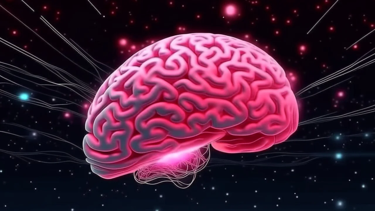 Comic style, bare transparent pink human brain flying trough the universe, background galaxy's